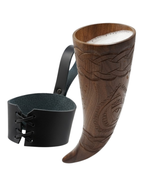 Wooden Drinking Horn with Leather Holder